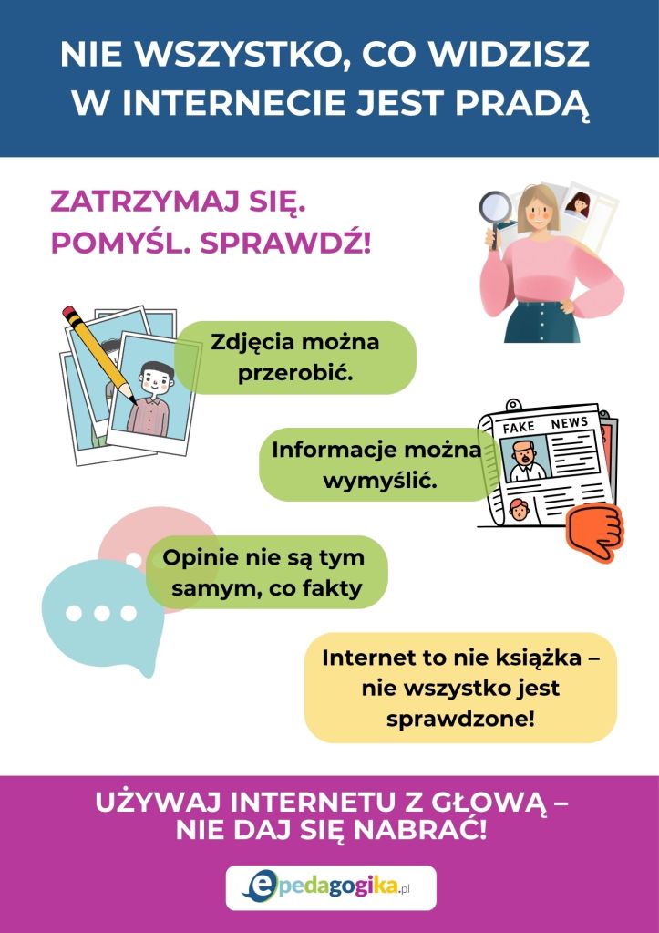 Plakat: Jak nie dać się oszukać w internecie – myśl krytycznie i sprawdzaj informacje!