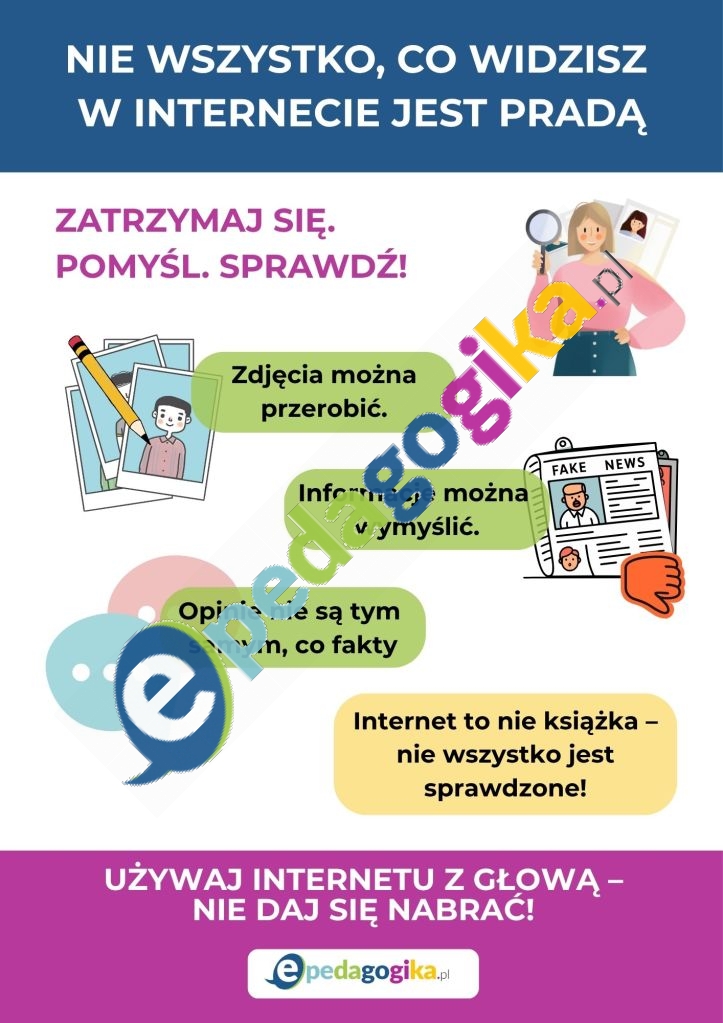   Plakat: Jak nie dać się oszukać w internecie – myśl krytycznie i sprawdzaj informacje!