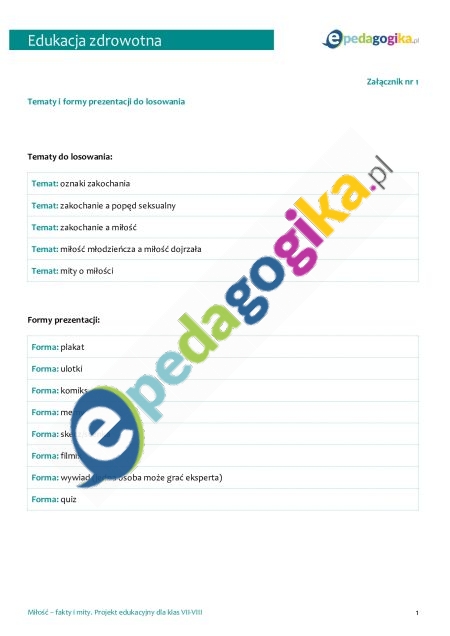   Miłość – fakty i mity. Projekt edukacyjny dla klas VII-VIII