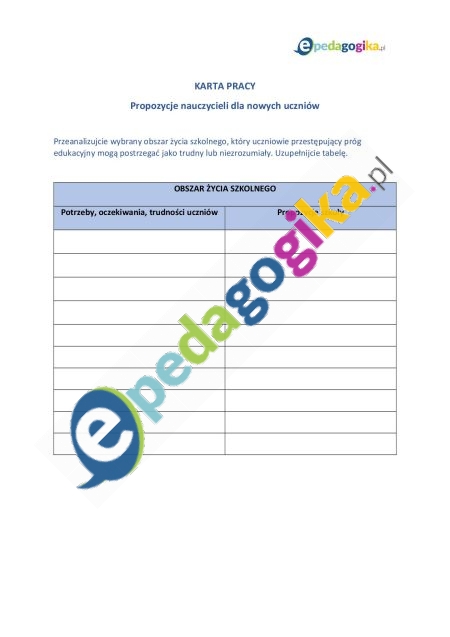 Karta pracy Propozycje nauczycieli dla nowych uczniów 