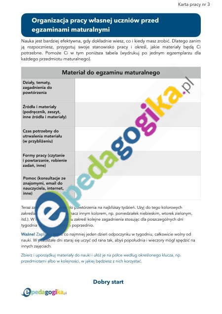 Instrukcja i karty pracy. Organizacja pracy własnej uczniów przed egzaminami maturalnymi -2